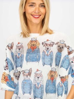Moda Nautical Dog Print Sweater - White, Blue & Orange
